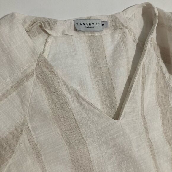 100% Linen Beige Stripe Short Sleeve Maxi Dress Harshman Los Angeles Sz Medium - Picture 10 of 11